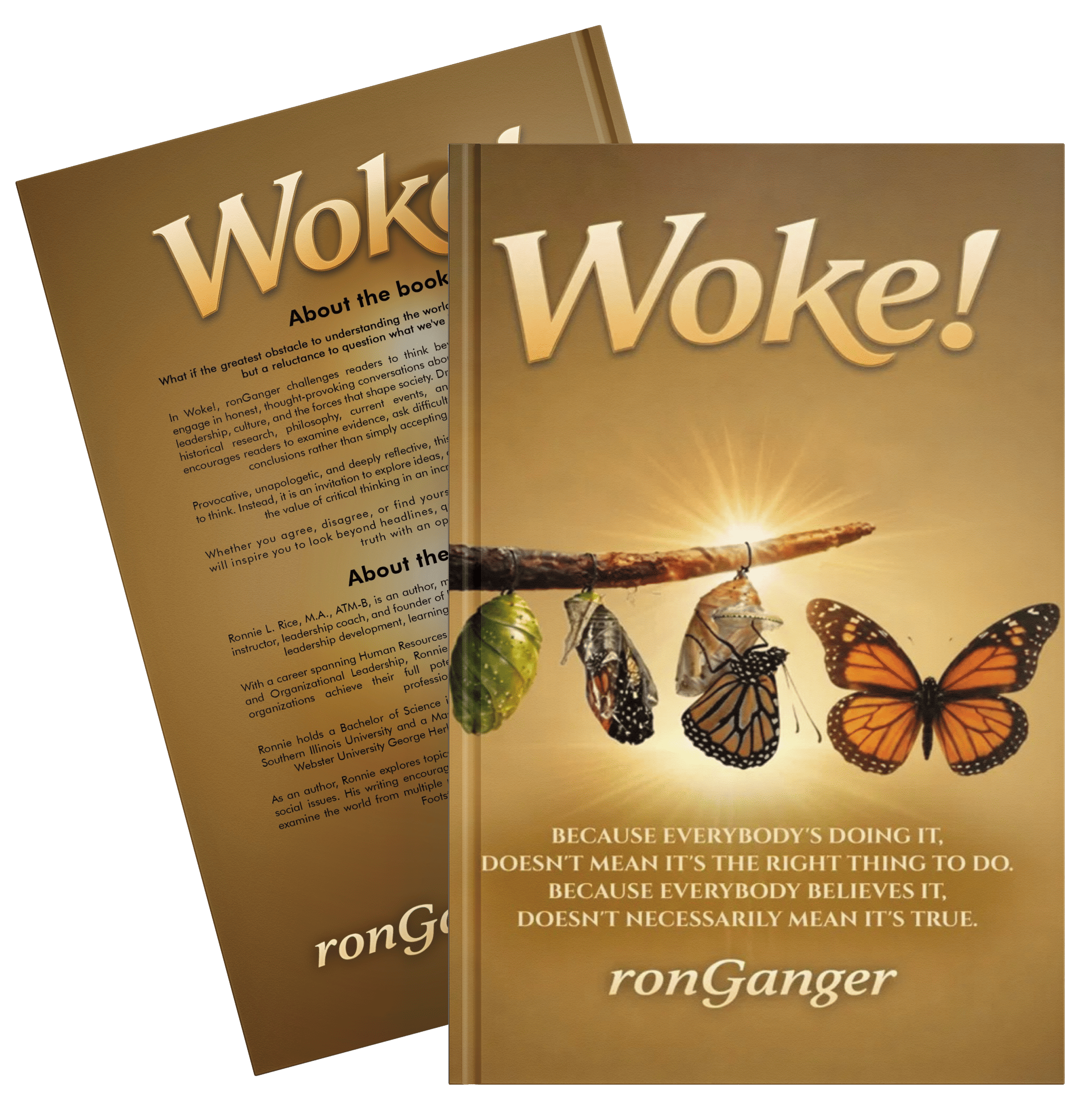 Woke! book cover by ronGanger, showing a monarch butterfly emerging from a chrysalis